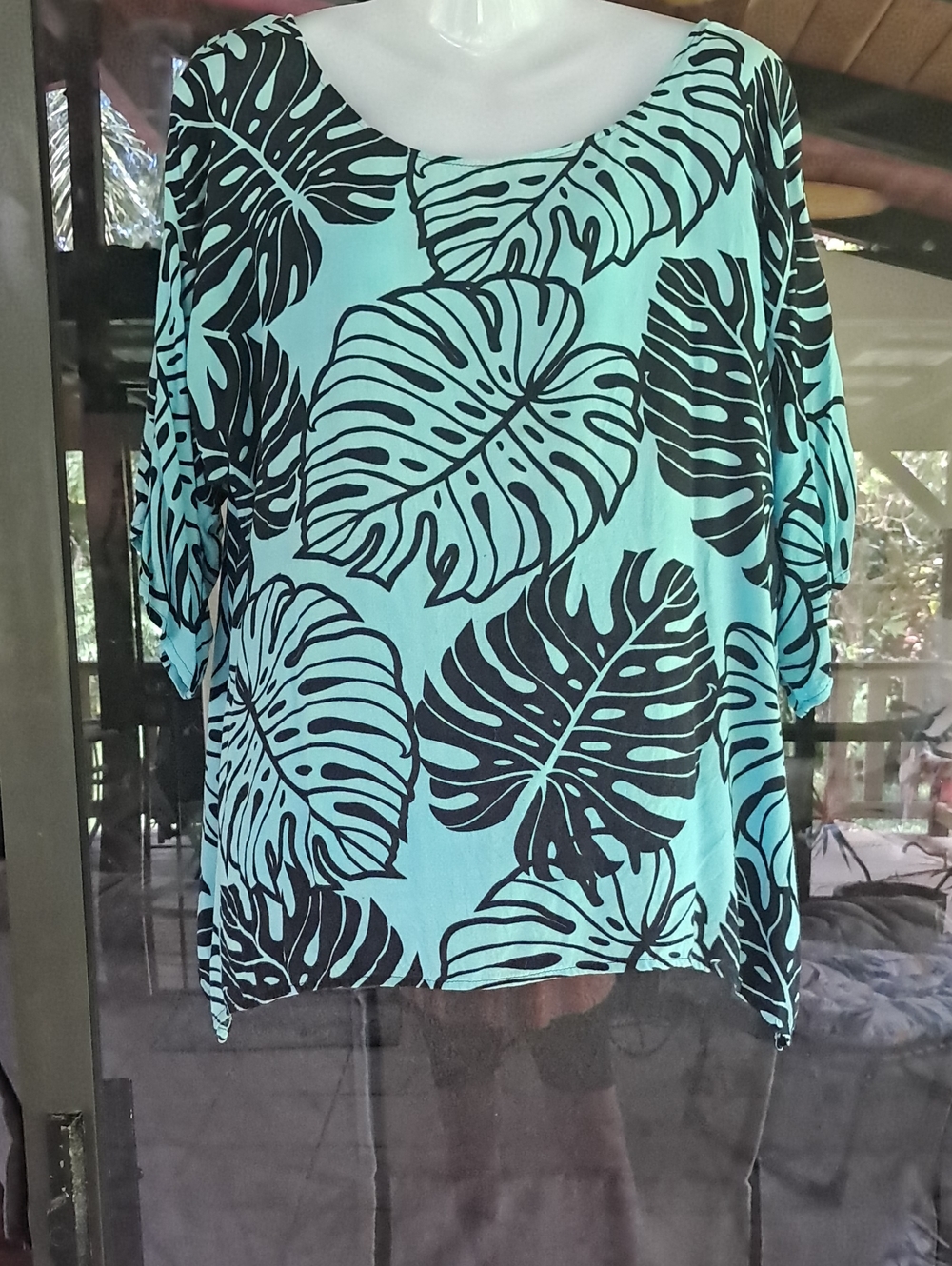 Aqua Leaf Print Relaxed Tunic Top